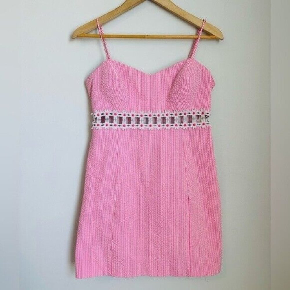 Lilly Pulitzer Pink Seersucker Stripe Sheena Daisy Dress Preppy Size 10 Lined - Picture 4 of 15